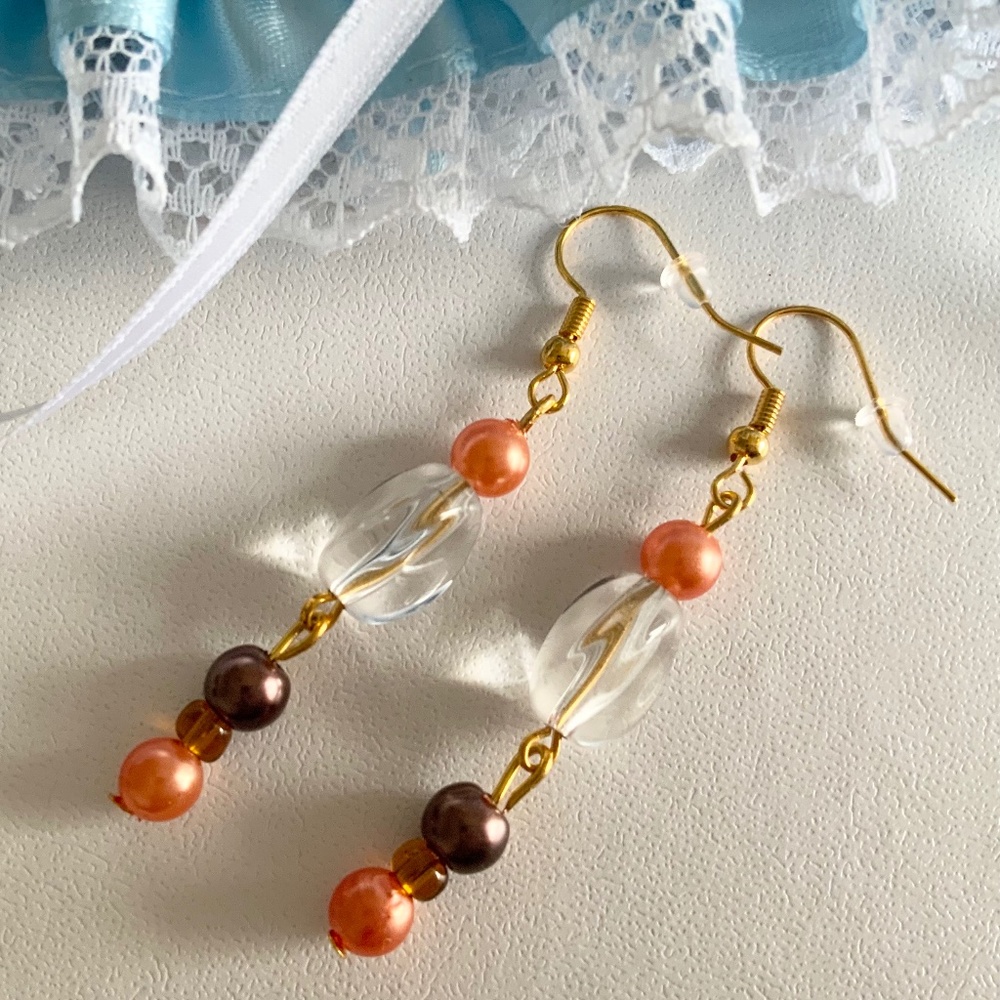 New Handcrafted Faux Peach Pearl Beaded Dangle/Drop Earrings with Gold Tone Hook
